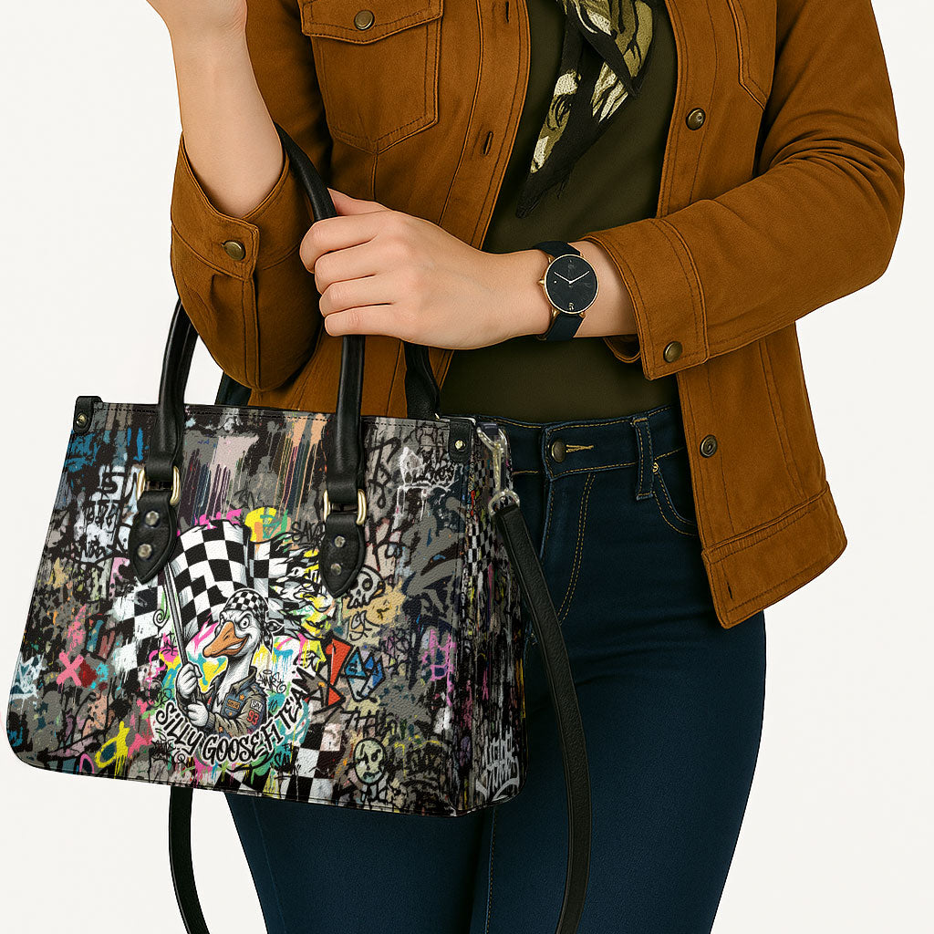 Silly Goose Team Racing Leather Bag Colorful Street Graffiti Checkered Flag
