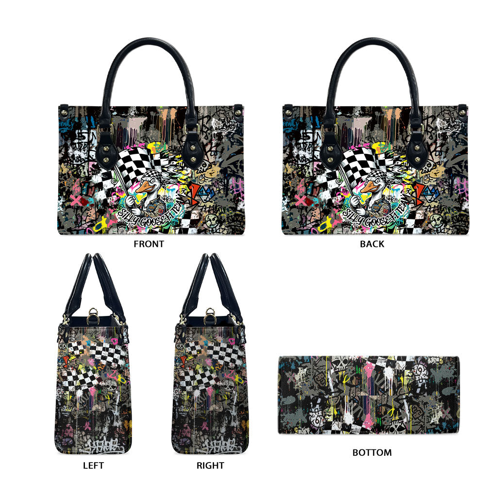 Silly Goose Team Racing Leather Bag Colorful Street Graffiti Checkered Flag