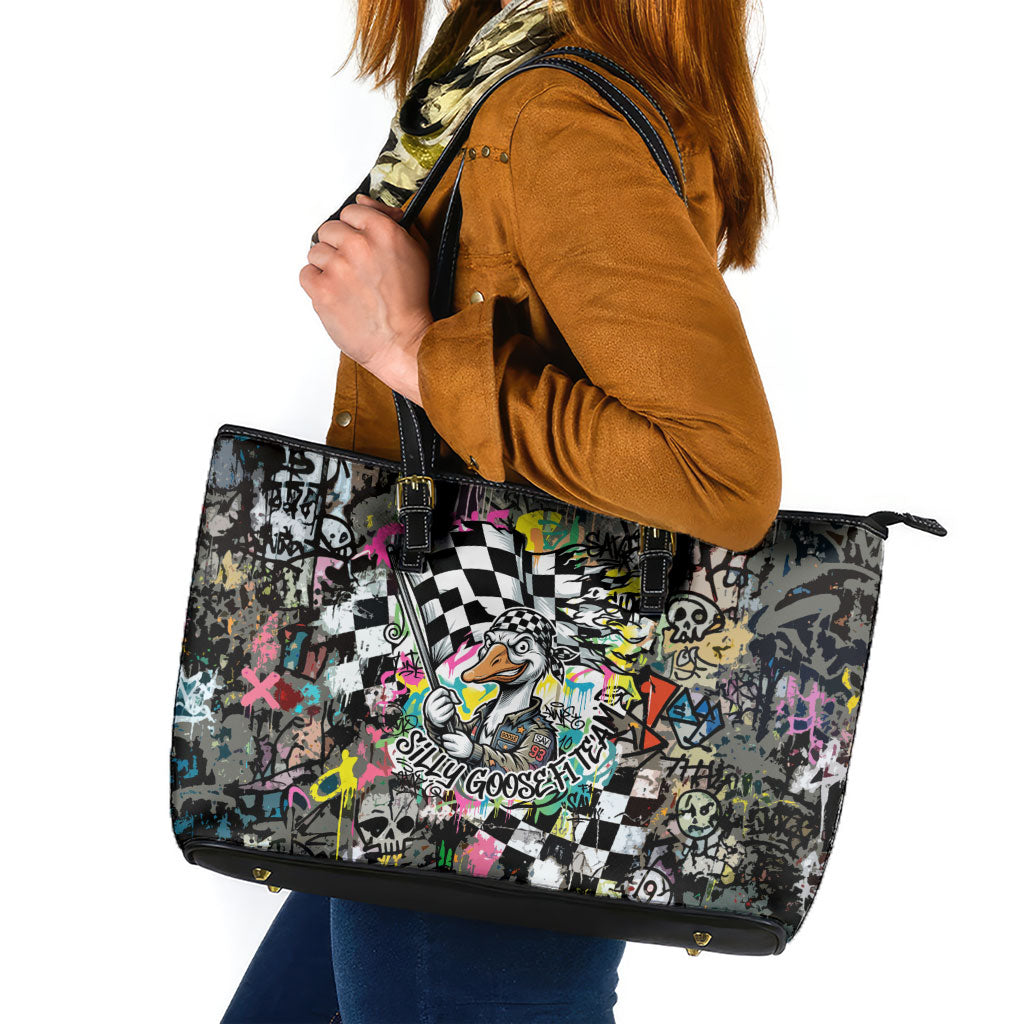 Silly Goose Team Racing Leather Tote Bag Colorful Street Graffiti Checkered Flag