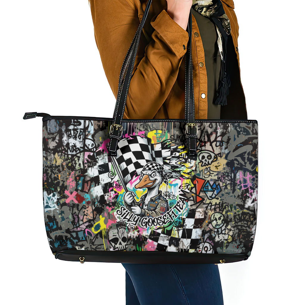 Silly Goose Team Racing Leather Tote Bag Colorful Street Graffiti Checkered Flag