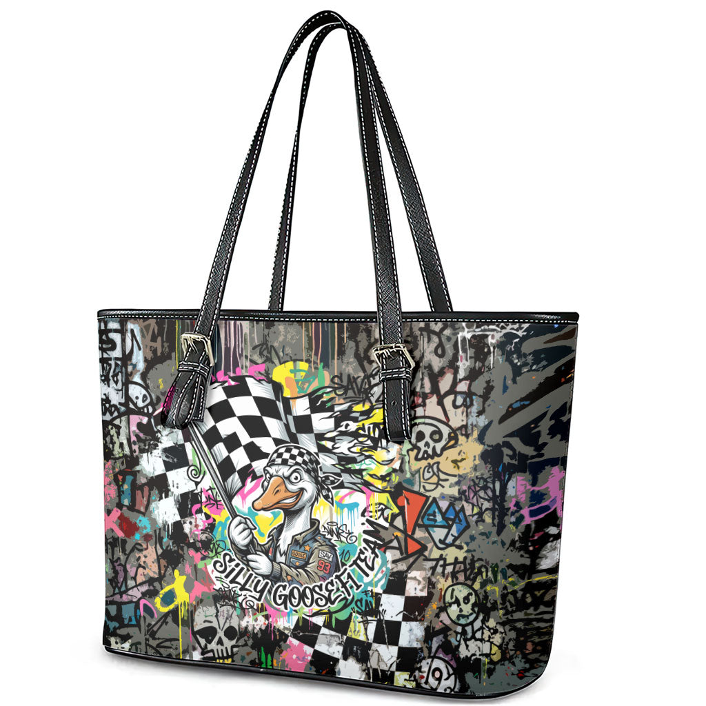 Silly Goose Team Racing Leather Tote Bag Colorful Street Graffiti Checkered Flag