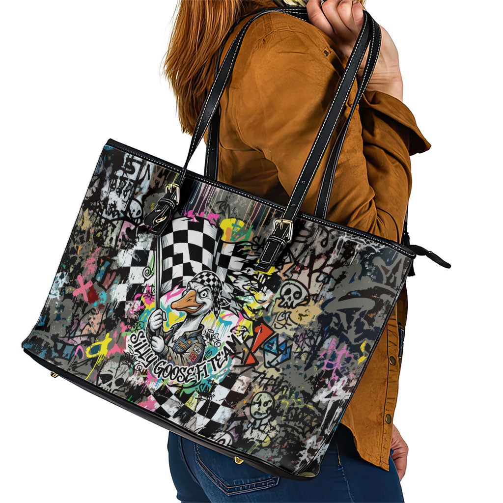 Silly Goose Team Racing Leather Tote Bag Colorful Street Graffiti Checkered Flag