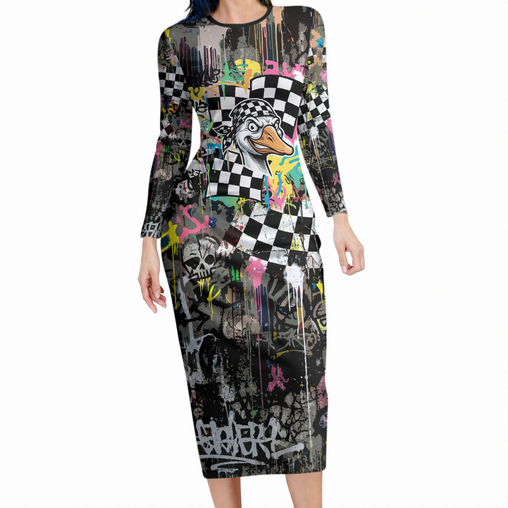 Silly Goose Team Racing Long Sleeve Bodycon Dress Colorful Street Graffiti Checkered Flag
