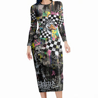 Silly Goose Team Racing Long Sleeve Bodycon Dress Colorful Street Graffiti Checkered Flag