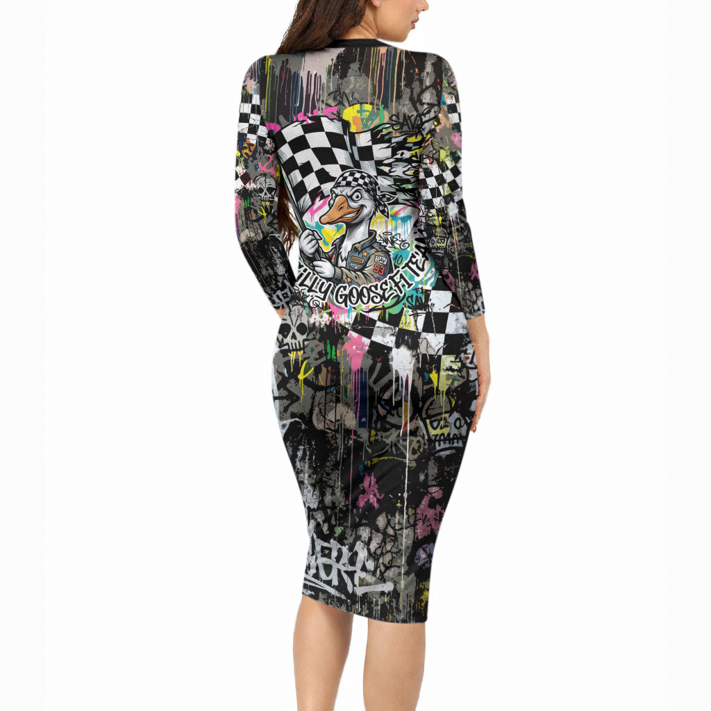 Silly Goose Team Racing Long Sleeve Bodycon Dress Colorful Street Graffiti Checkered Flag