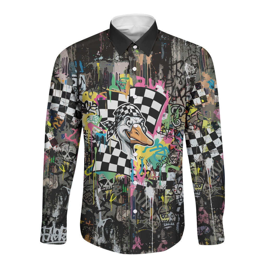 Silly Goose Team Racing Long Sleeve Button Shirt Colorful Street Graffiti Checkered Flag