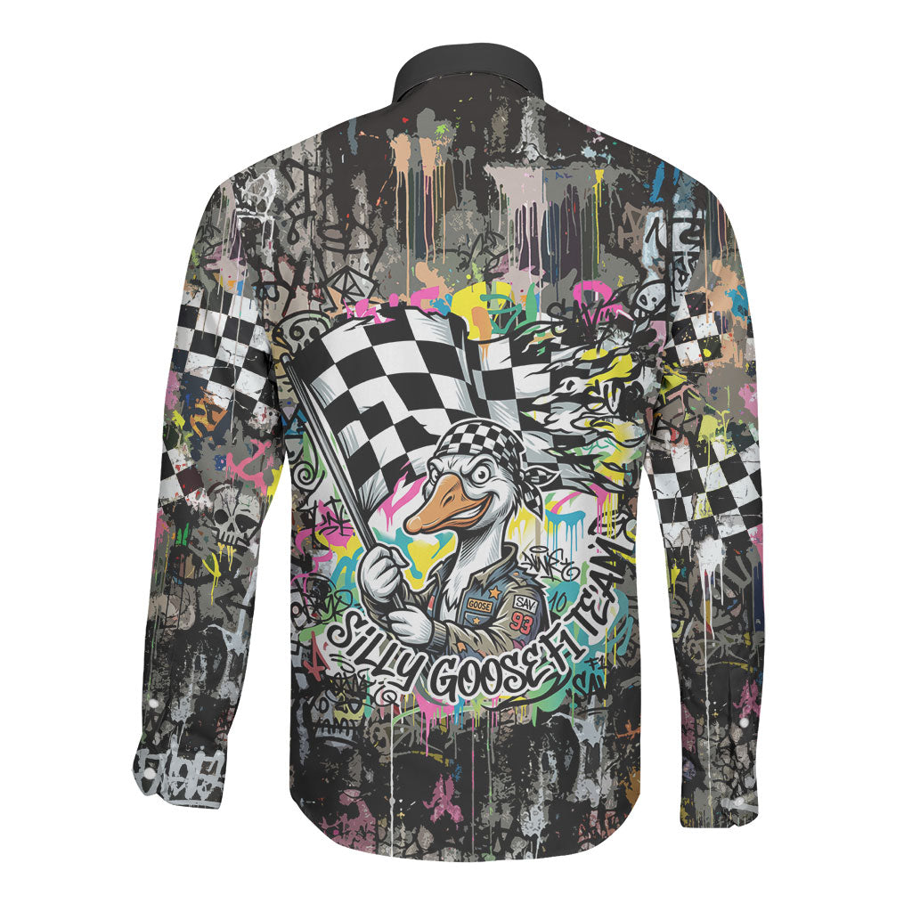 Silly Goose Team Racing Long Sleeve Button Shirt Colorful Street Graffiti Checkered Flag