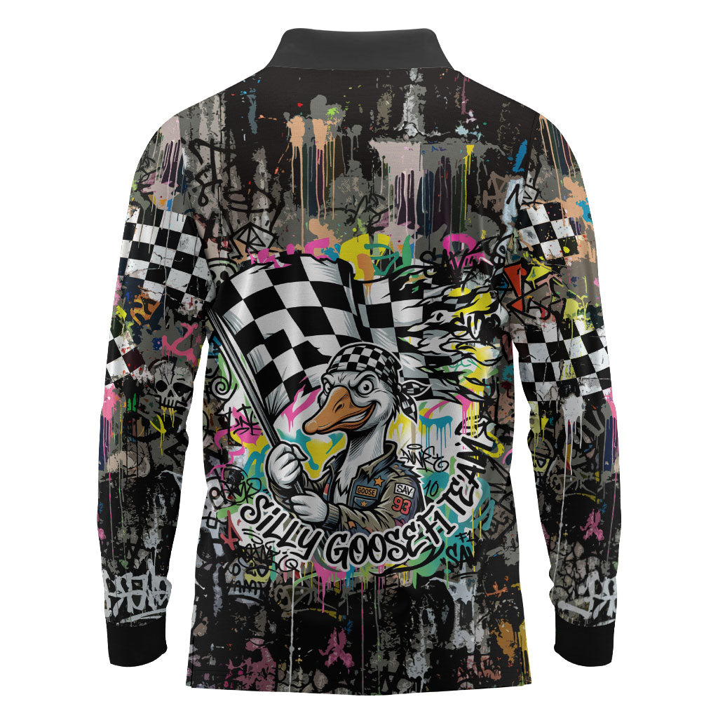 Silly Goose Team Racing Long Sleeve Polo Shirt Colorful Street Graffiti Checkered Flag