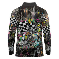 Silly Goose Team Racing Long Sleeve Polo Shirt Colorful Street Graffiti Checkered Flag