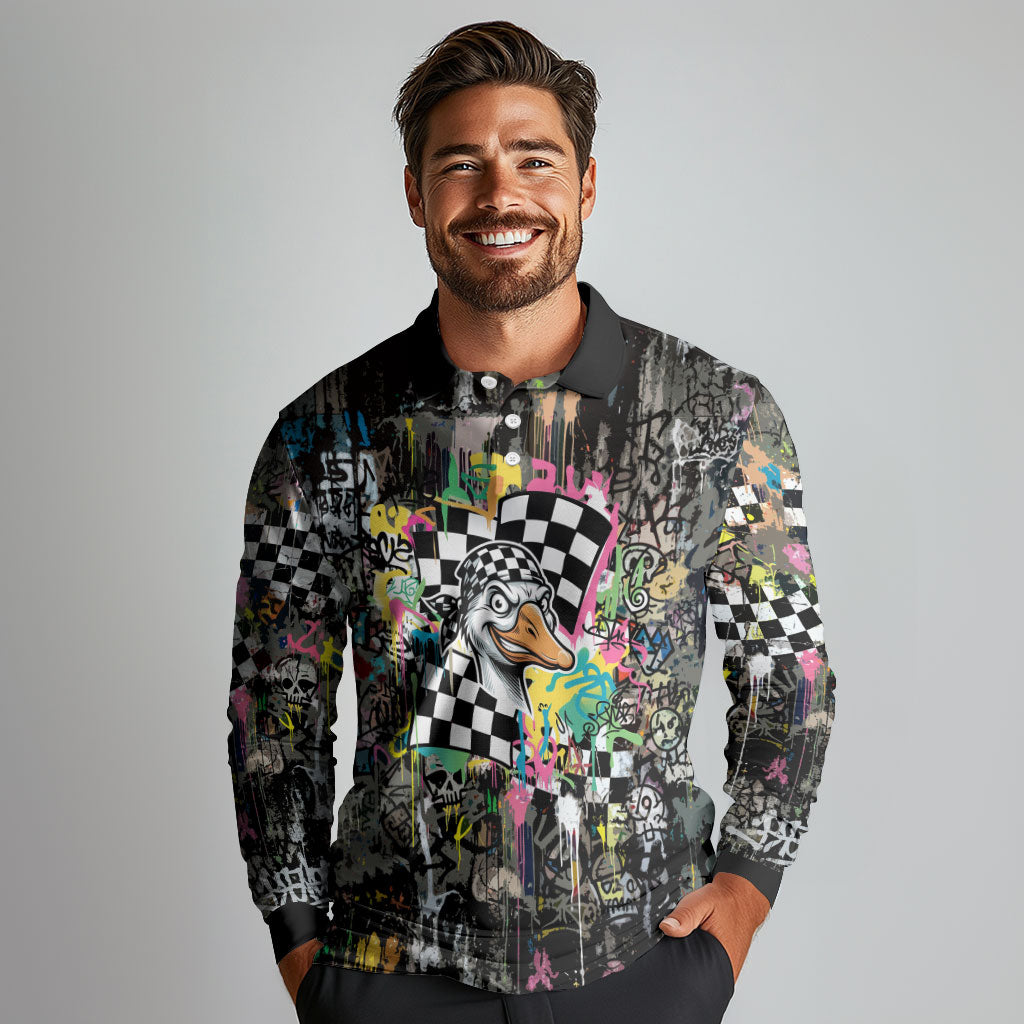 Silly Goose Team Racing Long Sleeve Polo Shirt Colorful Street Graffiti Checkered Flag