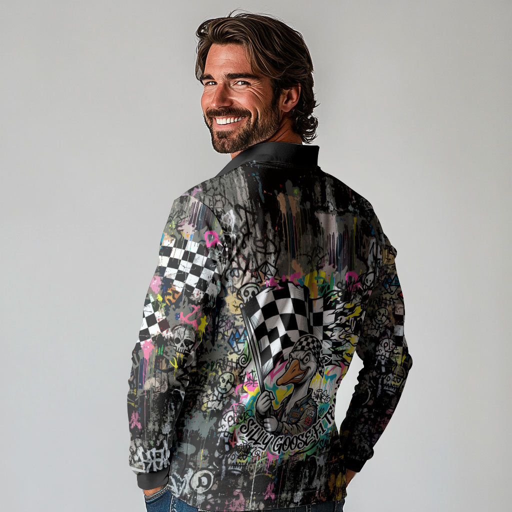 Silly Goose Team Racing Long Sleeve Polo Shirt Colorful Street Graffiti Checkered Flag