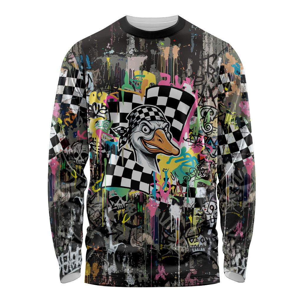 Silly Goose Team Racing Long Sleeve Shirt Colorful Street Graffiti Checkered Flag