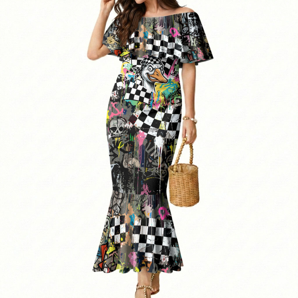 Silly Goose Team Racing Mermaid Dress Colorful Street Graffiti Checkered Flag