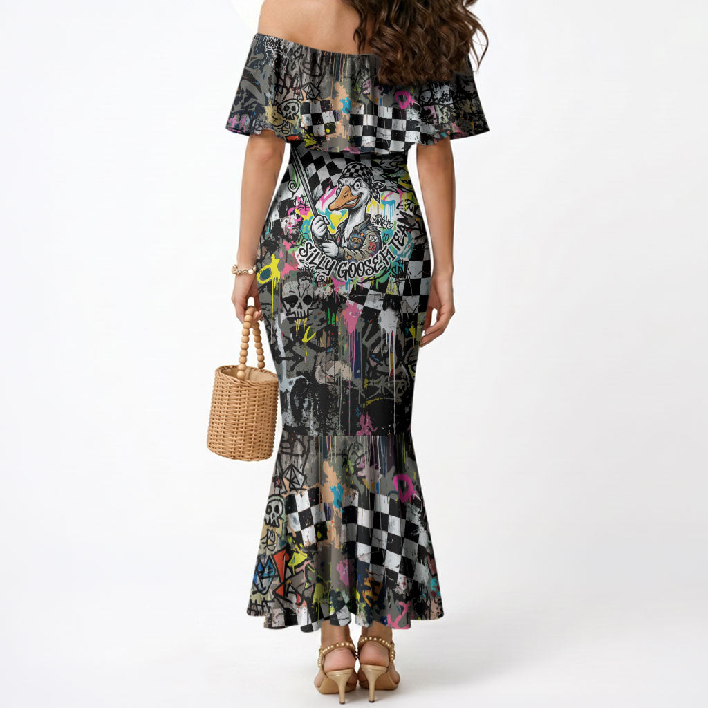 Silly Goose Team Racing Mermaid Dress Colorful Street Graffiti Checkered Flag