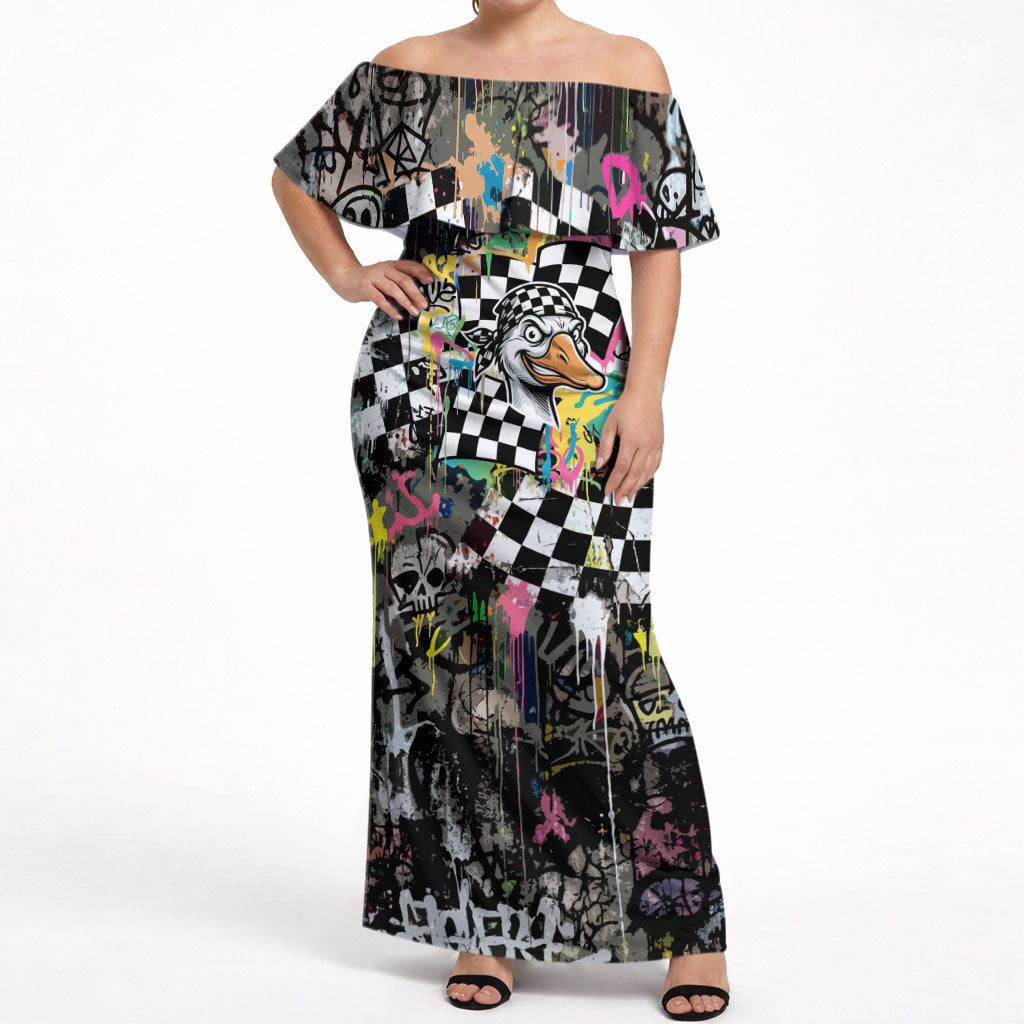 Silly Goose Team Racing Off Shoulder Maxi Dress Colorful Street Graffiti Checkered Flag