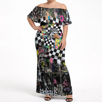 Silly Goose Team Racing Off Shoulder Maxi Dress Colorful Street Graffiti Checkered Flag