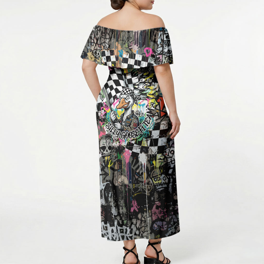 Silly Goose Team Racing Off Shoulder Maxi Dress Colorful Street Graffiti Checkered Flag
