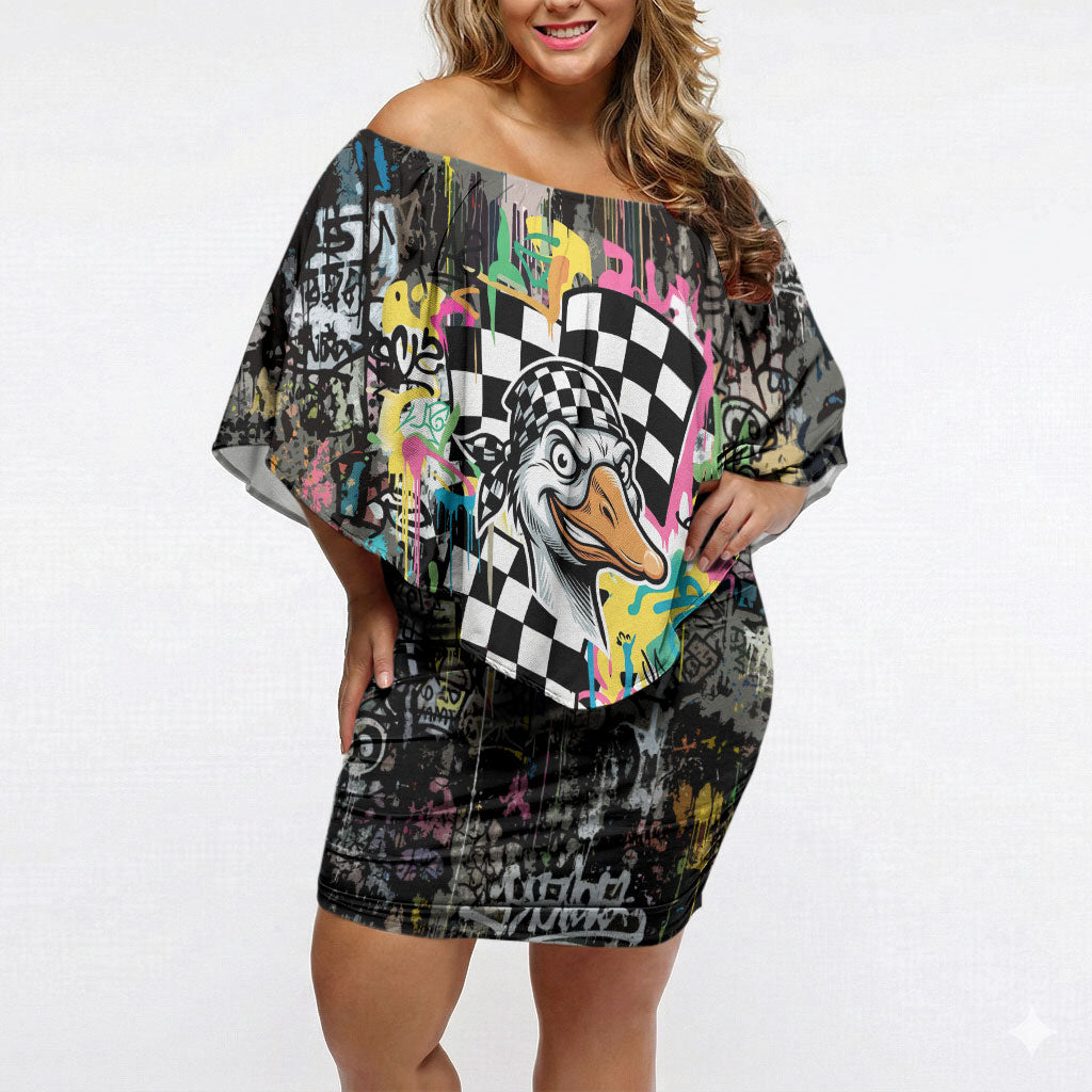 Silly Goose Team Racing Off Shoulder Short Dress Colorful Street Graffiti Checkered Flag