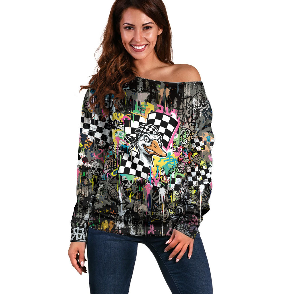 Silly Goose Team Racing Off Shoulder Sweater Colorful Street Graffiti Checkered Flag