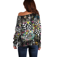 Silly Goose Team Racing Off Shoulder Sweater Colorful Street Graffiti Checkered Flag