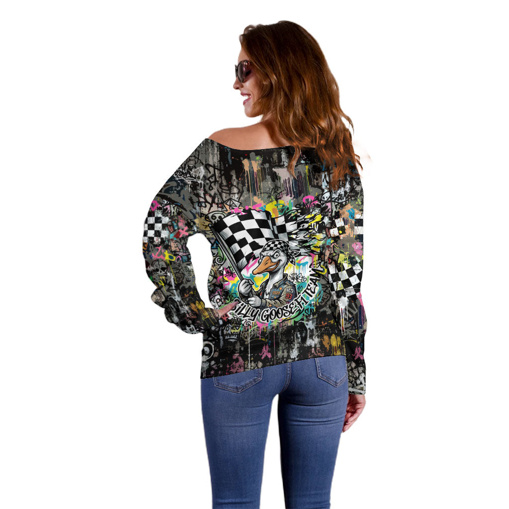 Silly Goose Team Racing Off Shoulder Sweater Colorful Street Graffiti Checkered Flag