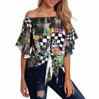 Silly Goose Team Racing Off Shoulder Wrap Waist Top Colorful Street Graffiti Checkered Flag