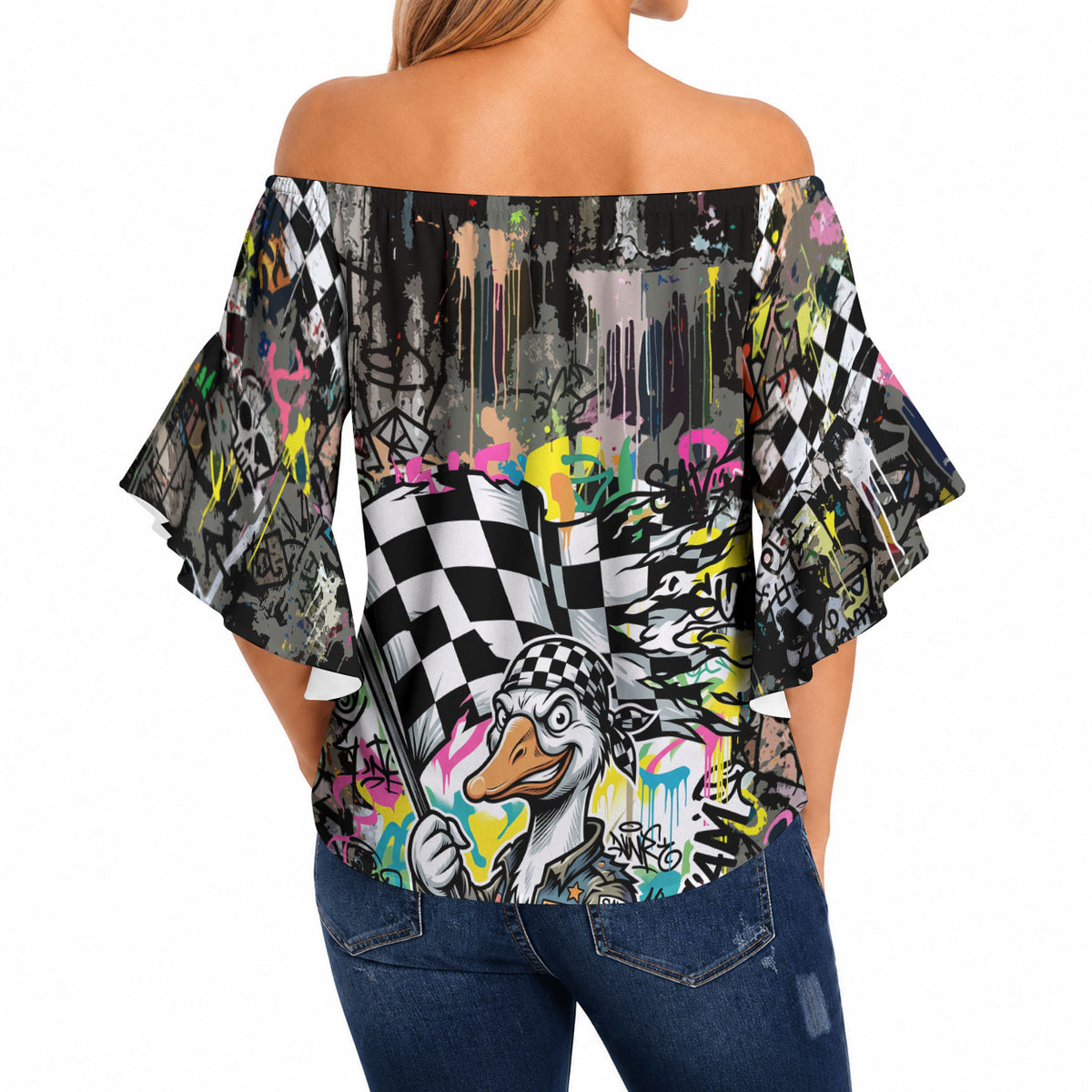 Silly Goose Team Racing Off Shoulder Wrap Waist Top Colorful Street Graffiti Checkered Flag