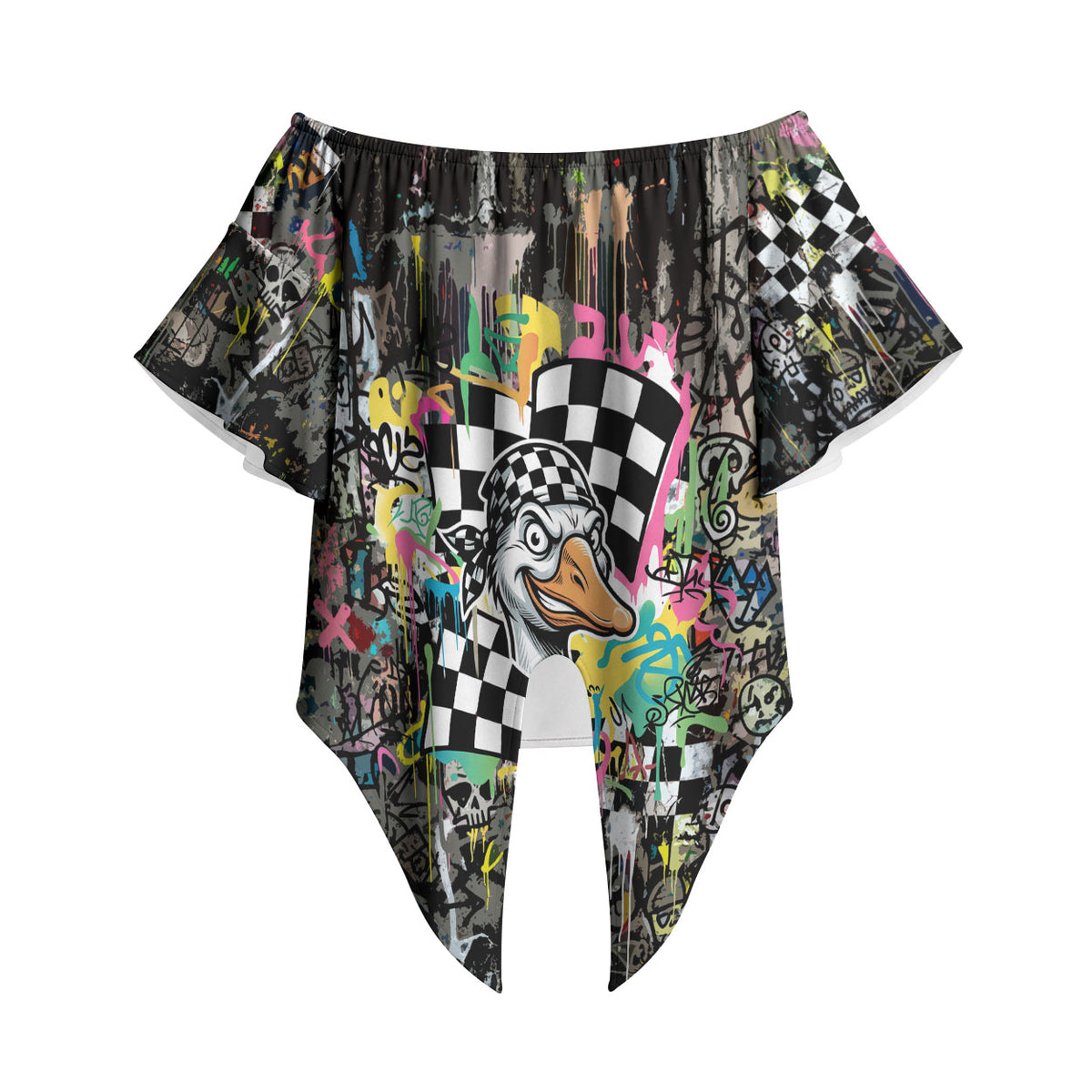 Silly Goose Team Racing Off Shoulder Wrap Waist Top Colorful Street Graffiti Checkered Flag