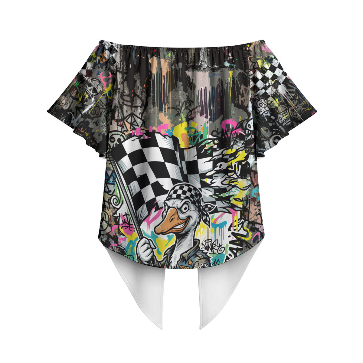 Silly Goose Team Racing Off Shoulder Wrap Waist Top Colorful Street Graffiti Checkered Flag