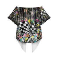 Silly Goose Team Racing Off Shoulder Wrap Waist Top Colorful Street Graffiti Checkered Flag