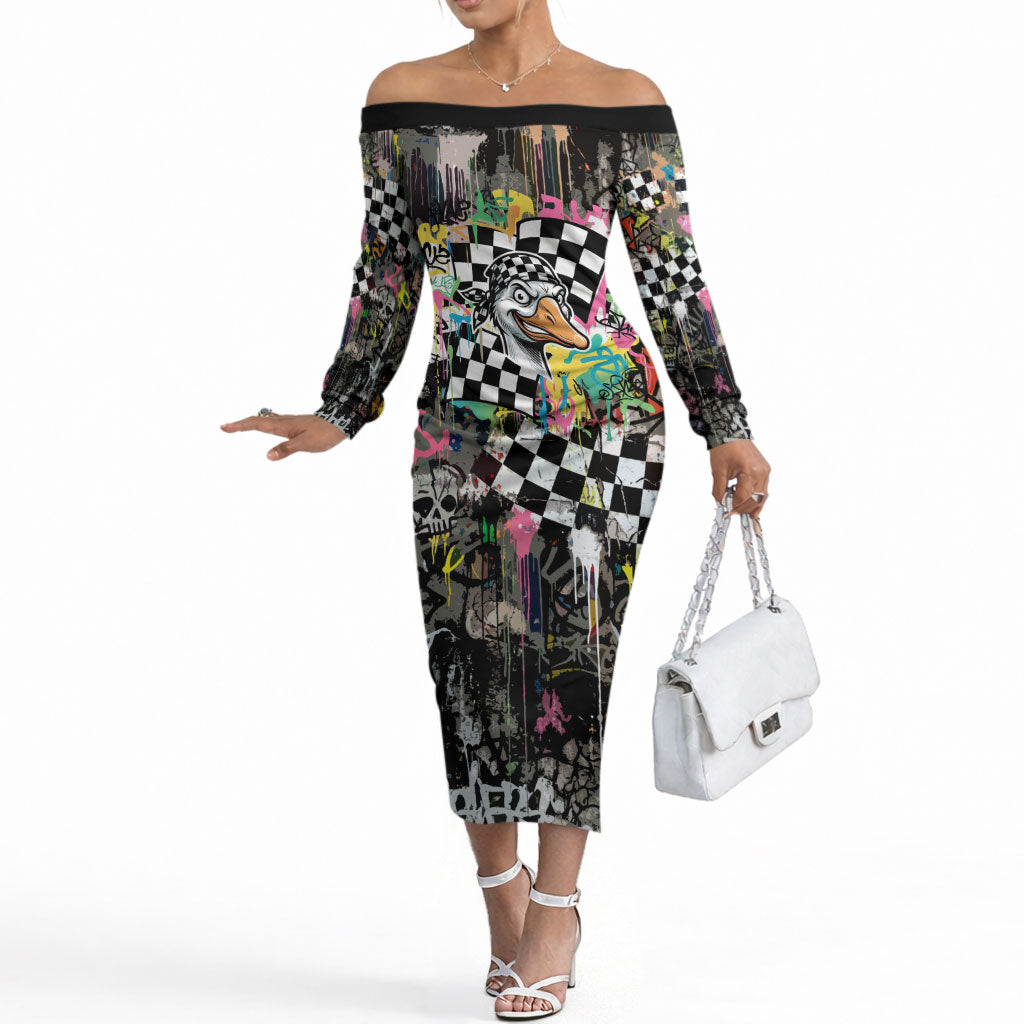 Silly Goose Team Racing Off The Shoulder Long Sleeve Dress Colorful Street Graffiti Checkered Flag