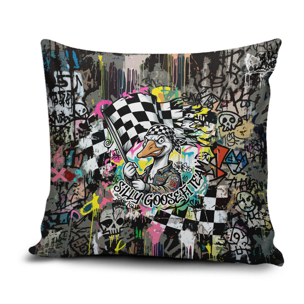 Silly Goose Team Racing Pillow Cover Colorful Street Graffiti Checkered Flag