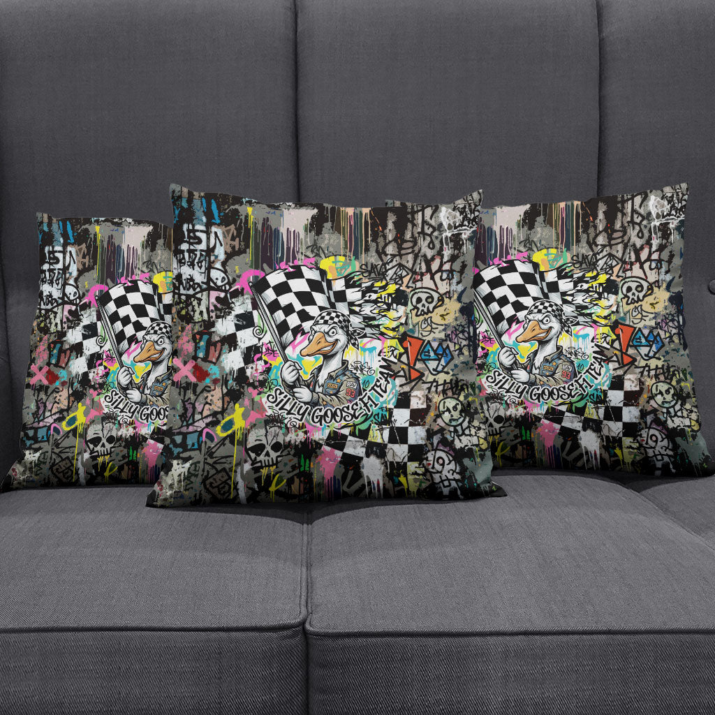 Silly Goose Team Racing Pillow Cover Colorful Street Graffiti Checkered Flag