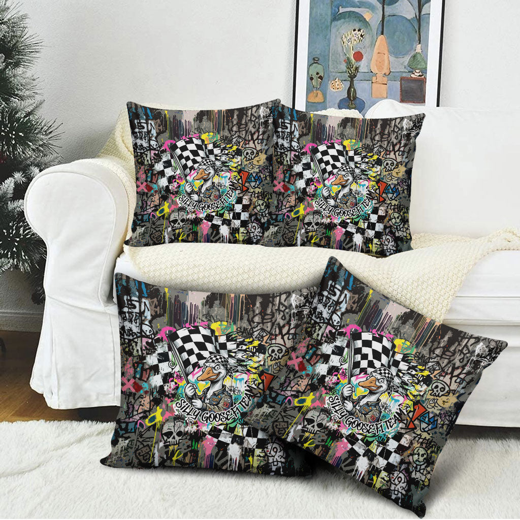 Silly Goose Team Racing Pillow Cover Colorful Street Graffiti Checkered Flag