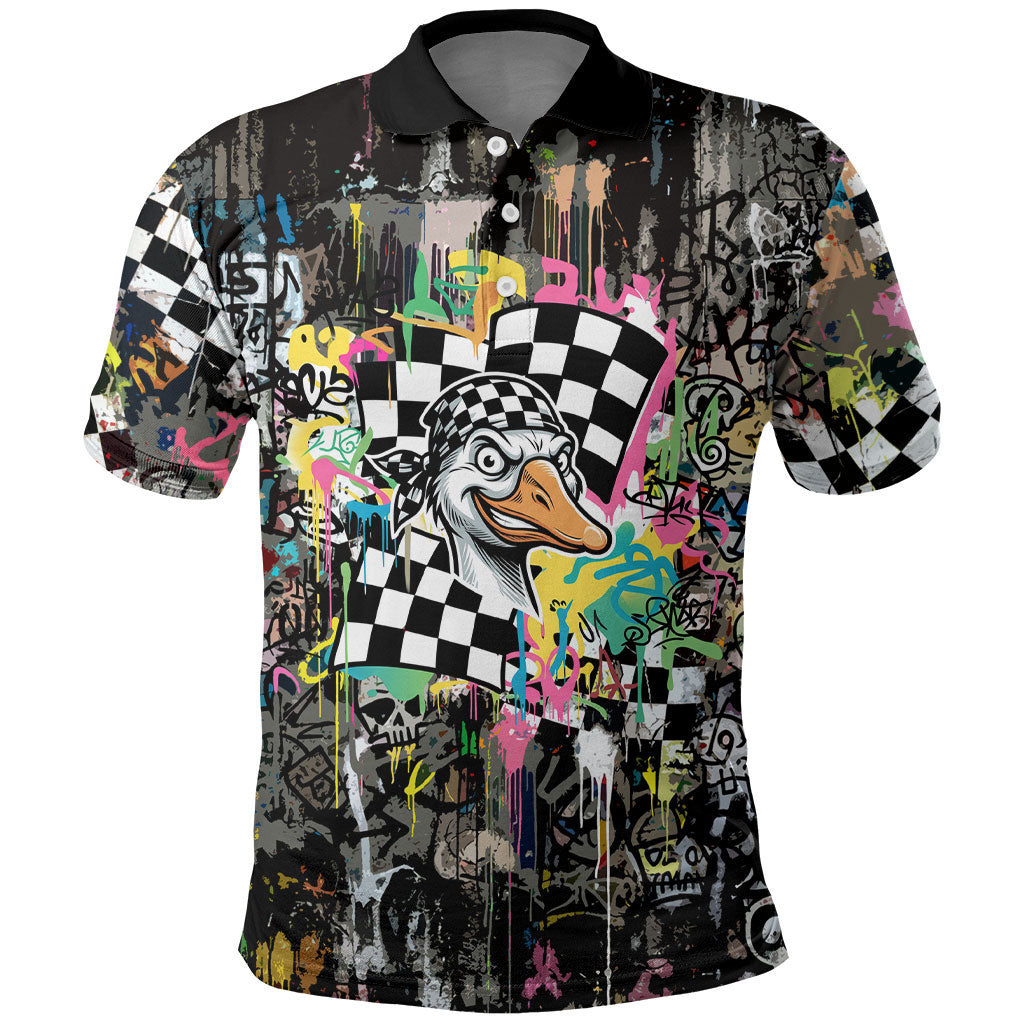 Silly Goose Team Racing Polo Shirt Colorful Street Graffiti Checkered Flag