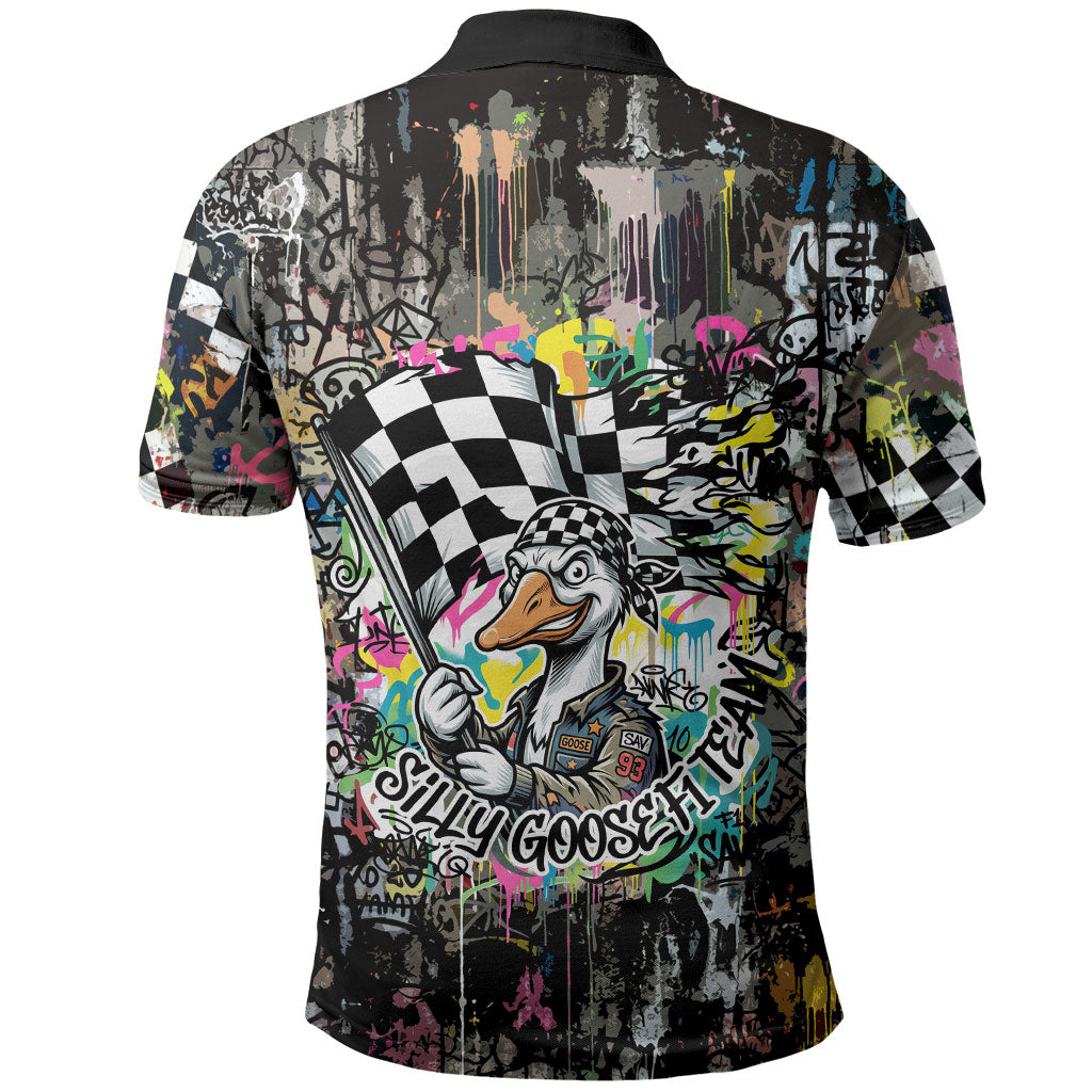 Silly Goose Team Racing Polo Shirt Colorful Street Graffiti Checkered Flag