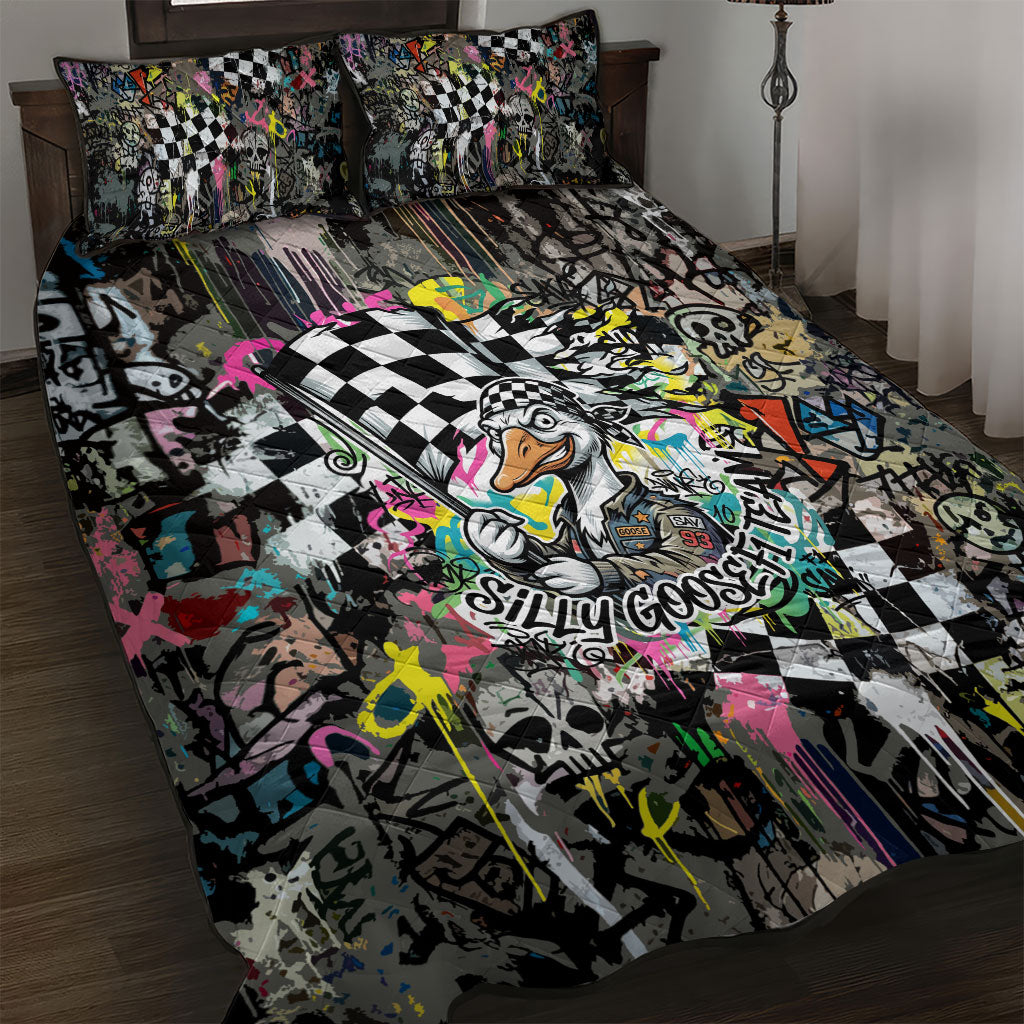 Silly Goose Team Racing Quilt Bed Set Colorful Street Graffiti Checkered Flag