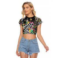 Silly Goose Team Racing Raglan Cropped T Shirt Colorful Street Graffiti Checkered Flag