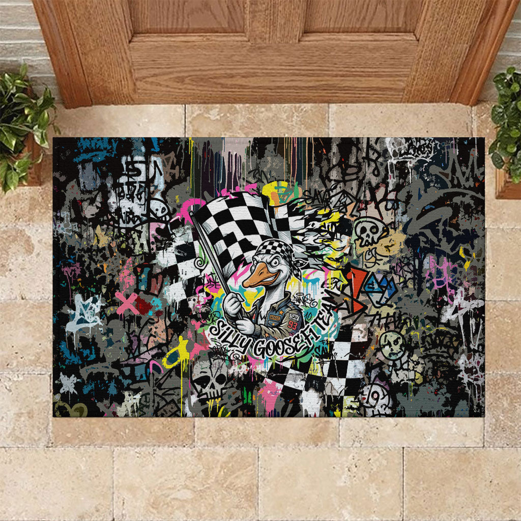 Silly Goose Team Racing Rubber Doormat Colorful Street Graffiti Checkered Flag