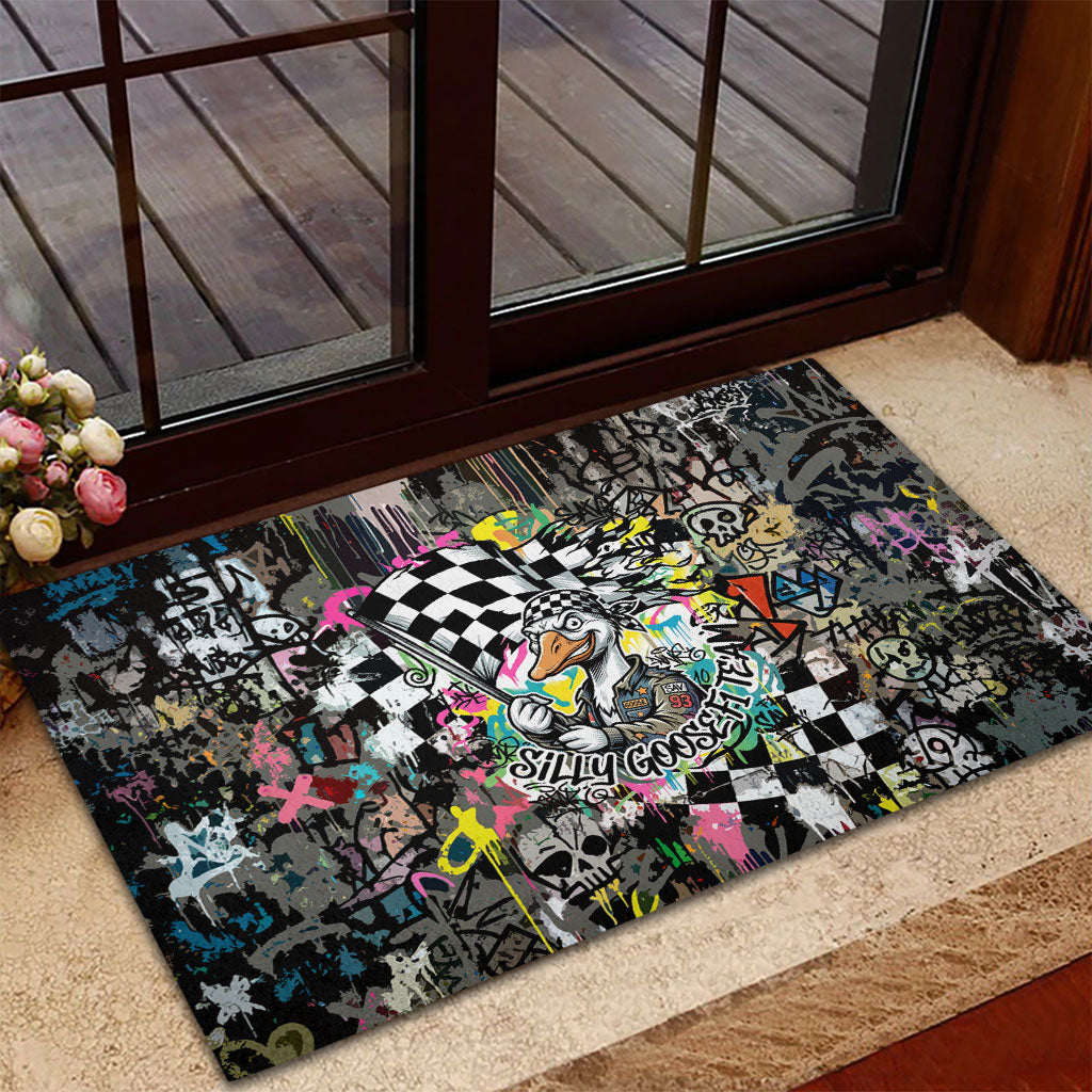 Silly Goose Team Racing Rubber Doormat Colorful Street Graffiti Checkered Flag