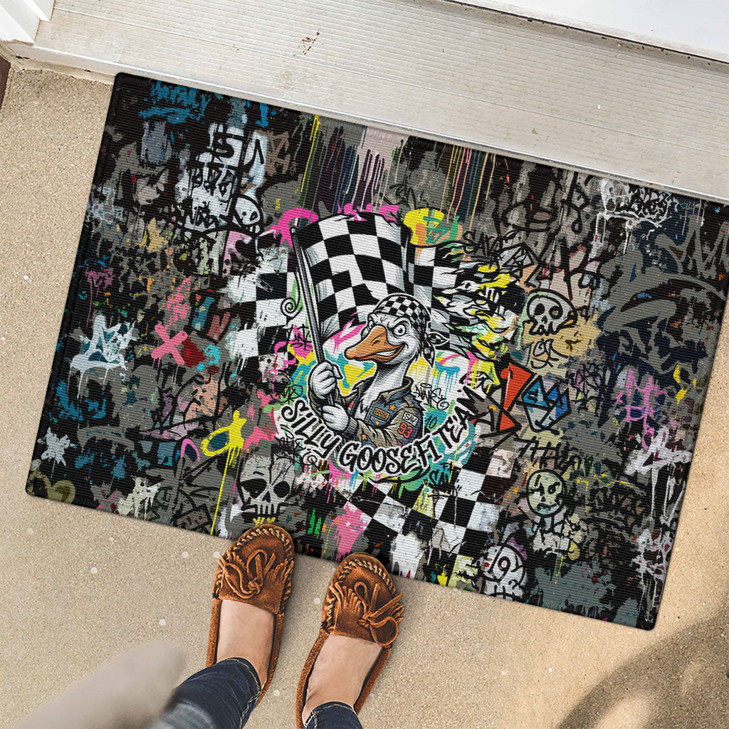Silly Goose Team Racing Rubber Doormat Colorful Street Graffiti Checkered Flag
