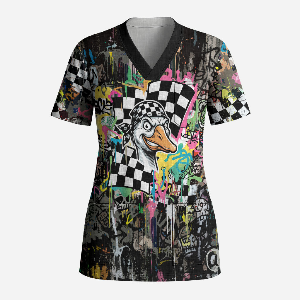 Silly Goose Team Racing Scrub Top Colorful Street Graffiti Checkered Flag