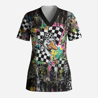 Silly Goose Team Racing Scrub Top Colorful Street Graffiti Checkered Flag