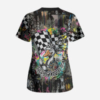 Silly Goose Team Racing Scrub Top Colorful Street Graffiti Checkered Flag