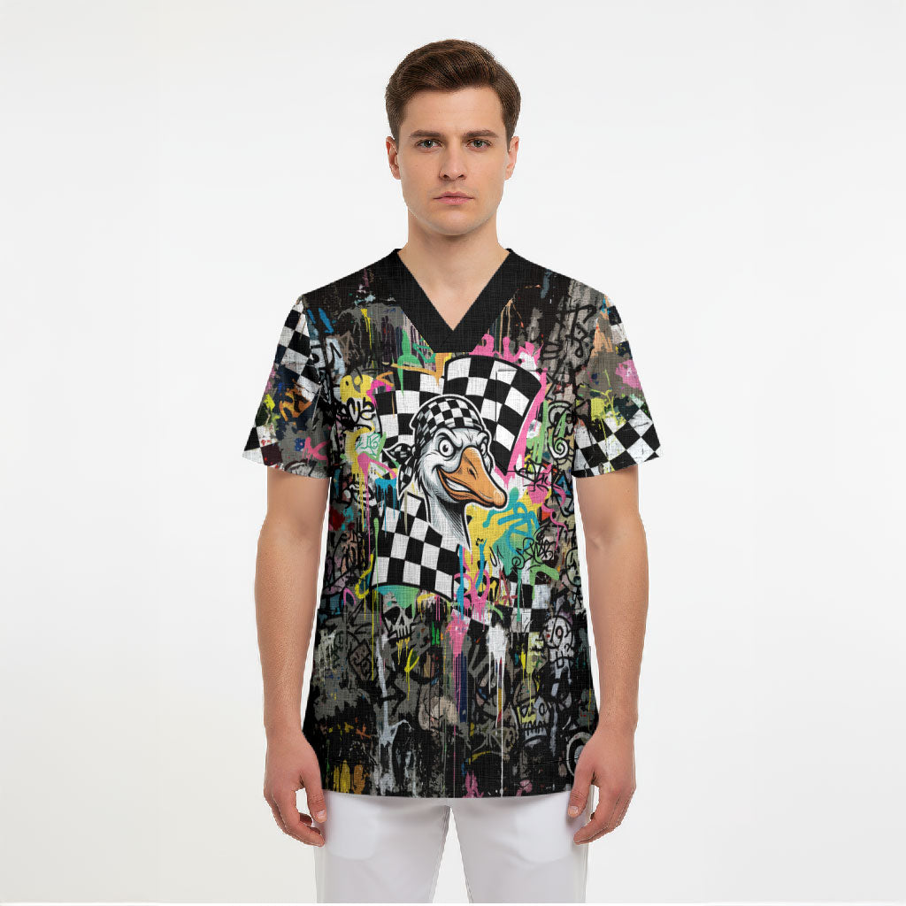 Silly Goose Team Racing Scrub Top Colorful Street Graffiti Checkered Flag