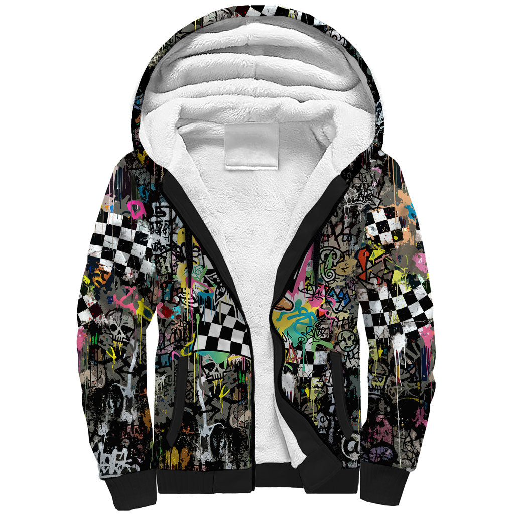 Silly Goose Team Racing Sherpa Hoodie Colorful Street Graffiti Checkered Flag
