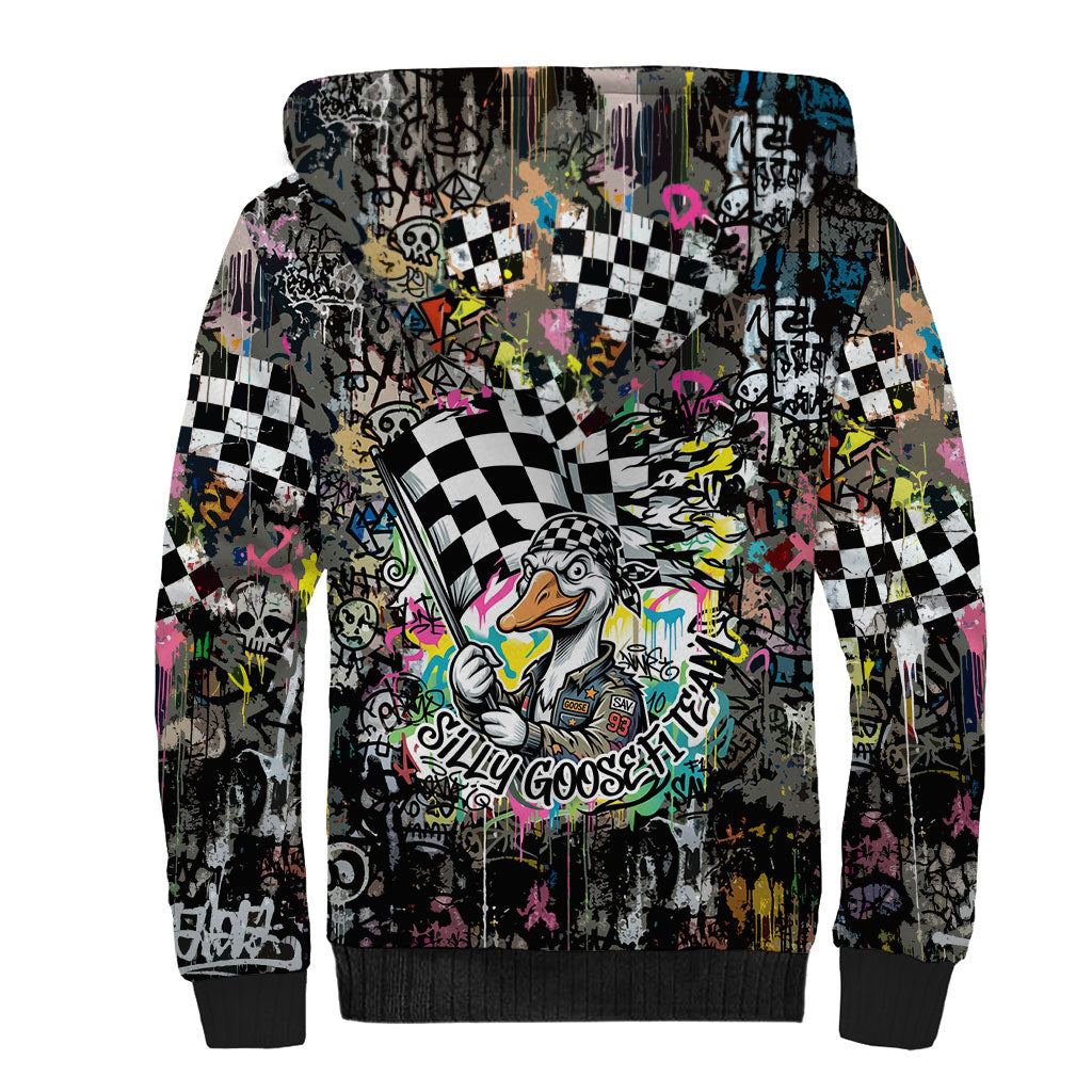 Silly Goose Team Racing Sherpa Hoodie Colorful Street Graffiti Checkered Flag