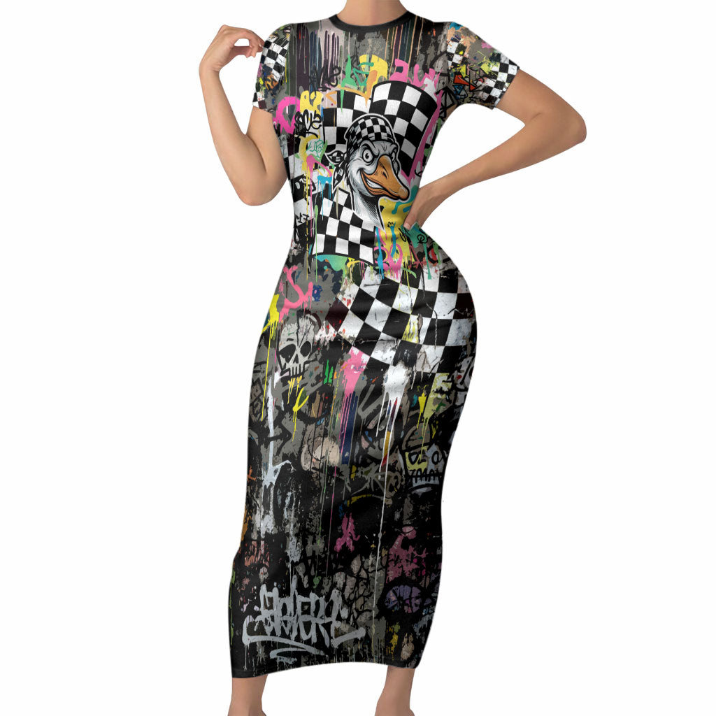 Silly Goose Team Racing Short Sleeve Bodycon Dress Colorful Street Graffiti Checkered Flag