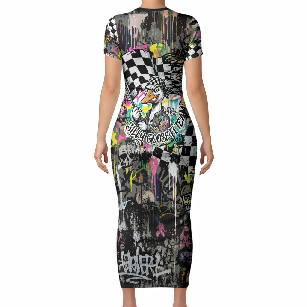 Silly Goose Team Racing Short Sleeve Bodycon Dress Colorful Street Graffiti Checkered Flag