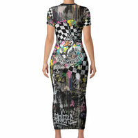 Silly Goose Team Racing Short Sleeve Bodycon Dress Colorful Street Graffiti Checkered Flag